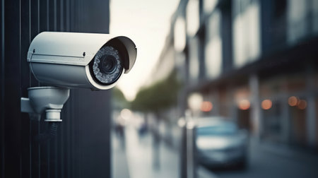 Security camera on modern building. Professional surveillance cameras. CCTV on the wall in the city. Video equipment for safety system area control outdoor. Generative AIの素材