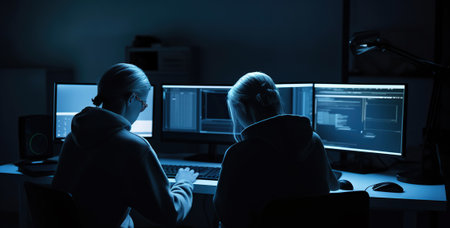 Two people sitting at a computer desk in the dark, in the style of cybernetic, luminous shadows, Generative AIの素材