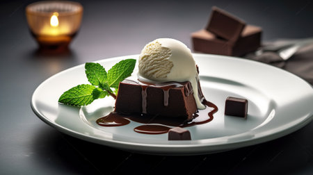 A plate with a piece of chocolate cake and ice cream on it with a mint sprig on top of the plate and a scoop of ice cream on the plate. Generative AIの素材
