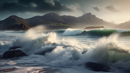 Waves crashing on a beach with a mountain in the background. Generative AIの素材