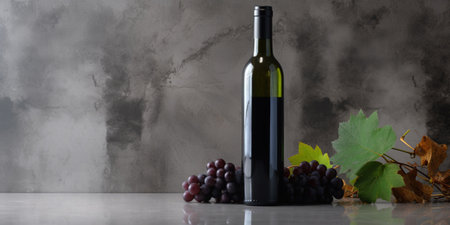 A Tapestry of Opulence, A bottle of wine and a glass with a bunch of grapes on table. Generative AIの素材