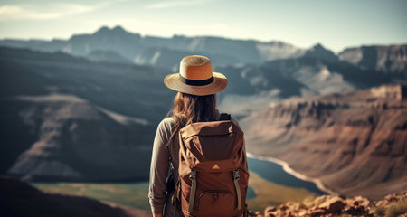 Rear view of female hiker with backpack looking out over a landscape. Generative AIの素材