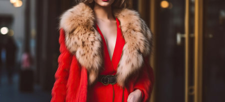 Opulent Allure, A Fashionable Woman Radiating in a Fur Coat and Captivating Red Costume. Generative AIの素材