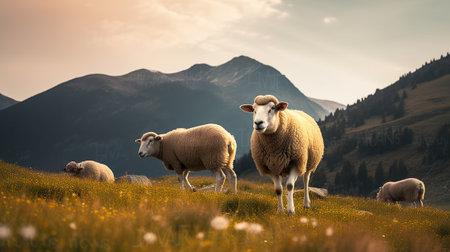 Mountain Serenity, Units with Sheep Grazing in Alpine Meadows amidst Breathtaking Scenery. Generative AIの素材
