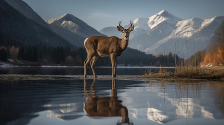 A deer standing in front of a mountain lake with a reflection of it's antlers in the water and a mountain range in the background with snow capped peaks in the background. Generative AIの素材