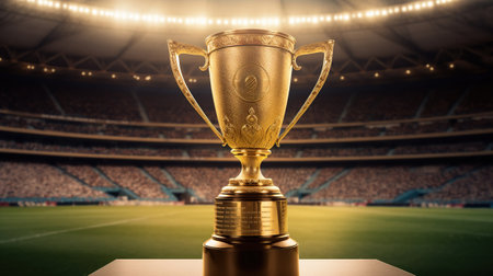 The Champion's Gold Cup Stands Tall as the Exalted Prize in the Football Stadium. Generative AIの素材