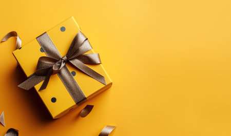 Gift box with golden satin ribbon and bow on yellow background. Holiday gift with copy space. Birthday or Christmas present, flat lay, top view. Christmas gift box concept. Generative AIの素材