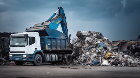 Heavy equipment in the front of a truck dumping piles of garbage, in the style of light white and azure, Generative AIの素材