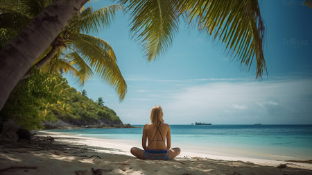 A Picture of Peace and Contentment as a Young Woman Enjoys the Tropical Island Shoreline, Sheltered by Graceful Coconut Trees. Generative AIの素材