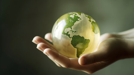 Environment Concept, Hand holding a green earth globe, in the style of light amber, organic modernism, Generative AIの素材