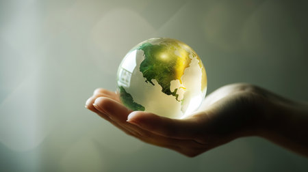 Hand holding a green earth globe, in the style of light amber, organic modernism, sharp focus while maintaining a pleasing background blur. Generative AIの素材
