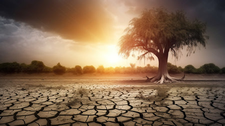 The Parched Earth, Understanding the Ravages of Drought, Global warming and climate change, Environmental problem. Generative AIの素材