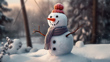 Beautiful Snowman with scarf and hat as winter snow time or new year decoration, Generative AIの素材