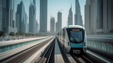 Metro railway among among glass skyscrapers in city. Future concept, Cityscape skyline. Urban background. Generative AIの素材