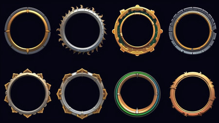 Game round interface frames. Cartoon UI circle game asset items, empty golden medieval silver textured borders for GUI design. Generative AIの素材