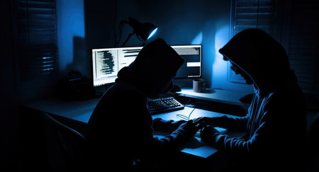 Two people sitting at a computer desk in the dark, in the style of cybernetic, luminous shadows, Generative AIの素材
