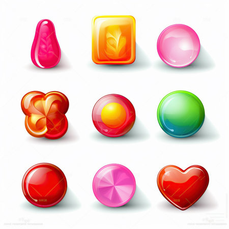 Assorted Candy Icons Set with Hard Candy, Lollipop, Game Asset, Game UI, Chocolate, and Jelly on White Background. Generative AIの素材