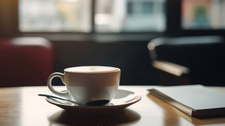 A cup of coffee on a table in a cafe at lunchtime at work. Generative AIの素材