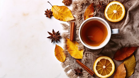 Vintage styled cup of tea with slice of lemon and autumn themed decoration, fallen leaves on textured background. Top view, flat lay, Generative AIの素材