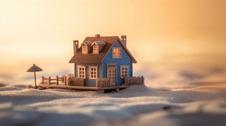 Miniature model of a wooden house on the coast, the concept of real estate by the sea. Generative AIの素材