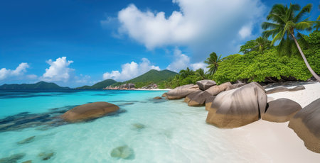 A Captivating Oasis of Palm Trees, White Sand, and Azure Waters on a Tropical Island's Paradise Beach. Generative AIの素材