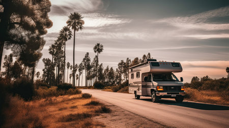 Road adventures on a camper, an exotic kind of outdoor recreation. Generative AIの素材