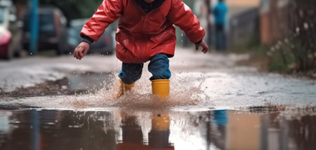 Little Boys Rain Boots and Puddles, Generative AIの素材