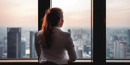 A Businesswoman's Gaze upon the Majestic Skyscrapers from Her Office, unrecognizable face. Generative AIの素材