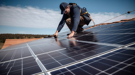 A worker installs solar panels on the roof of a house, Generative AIの素材