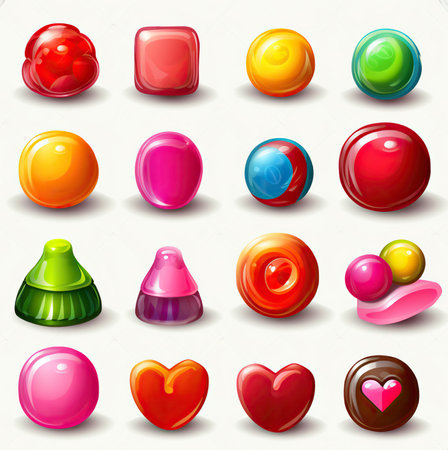 Game Asset, Game UI, Set of hard candy, lollipop, chocolate and jelly icons. Isolated elements on white background. Generative AIの素材