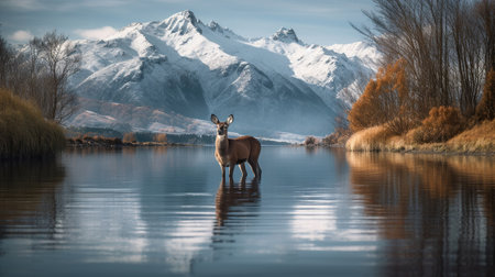 A deer standing in front of a mountain lake with a reflection of it's antlers in the water with snow capped peaks in the background. Generative AIの素材