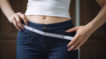 Woman measuring waistline for body measurements, in the style of figuration libre, eye-catching, Generative AIの素材