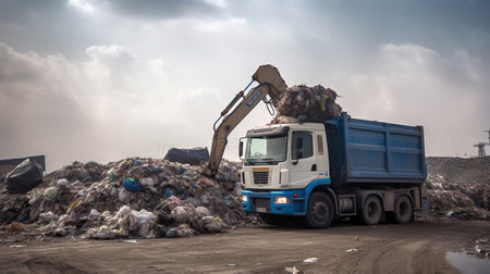 A truck picks up garbage from garbage dump, Generative AIの素材