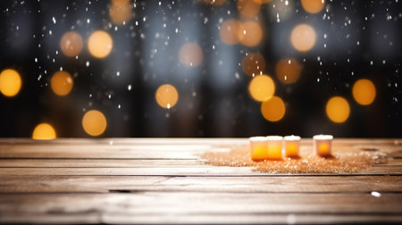Wood table top with lights bokeh, Empty wooden for montage or display your products covered. Generative AIの素材