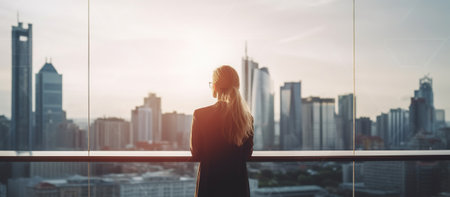 Business woman looks at the city of skyscrapers from the office, view from the back, unrecognizable face. Generative AIの素材