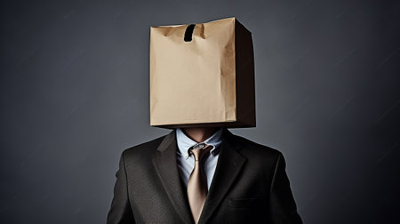 A businessman with a package on his head hid his head. Question mark, solution idea. Generative AIの素材