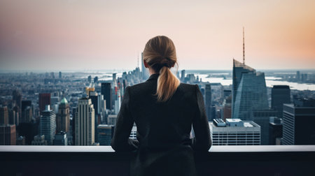 A Businesswoman's View of the Towering Skyscrapers from Her Corporate Sanctum. Generative AIの素材