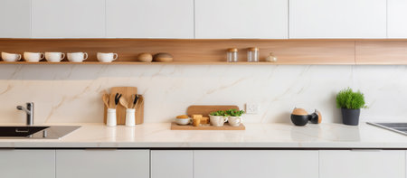 A Close View on the Clean and Bright Kitchen Room with White Wall. Generative AIの素材