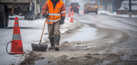 Road worker in winter with jackhammer. Generative AIの素材