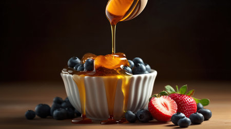 A spoon drizzling honey over a bowl of fruit. Generative AIの素材