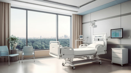 Luxurious Modern Hospital Room with City View. Generative AIの素材