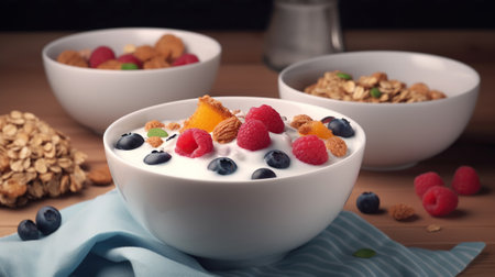 Fresh milk or yogurt bowl of cereal flakes, dried nuts and berries fruits. Generative AIの素材