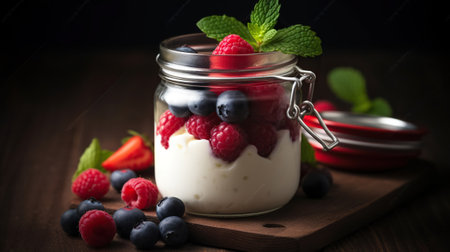A jar of yogurt with berries, raspberries, and mint. Generative AIの素材