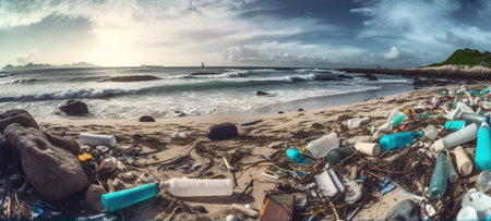 Beach full of garbage and plastic waste. Environmental and recycle concepts. Generative AIの素材