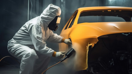 Car painter in protective clothes and mask painting a car, mechanic using a paint spray gun in a painting chamber. Paint job, car service, garage. Generative AIの素材