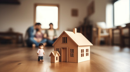 House model of family sitting on home floor, in the style of blurred background. Generative AIの素材