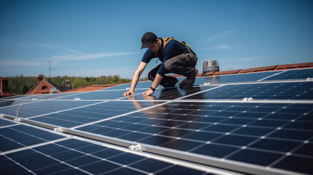 A worker installs solar panels on the roof of a house, Generative AIの素材