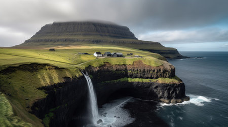 Gasadalur village and Beautiful waterfall, Vagar, Faroe Islands. Generative AIの素材