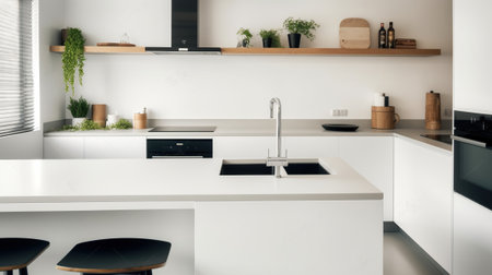 White Brilliance, Immersing in the Crispness of a Close View on a Bright Kitchen Room. Generative AIの素材