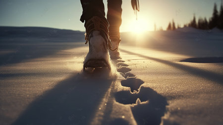 Close-up on the feet of a skier in ski boots, walking towards the sun in the snow, Generative AIの素材